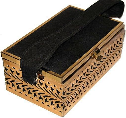 1950s Fabric Topped Metal Footed Box Purse 1950s Fabric Topped Metal Footed Box Purse