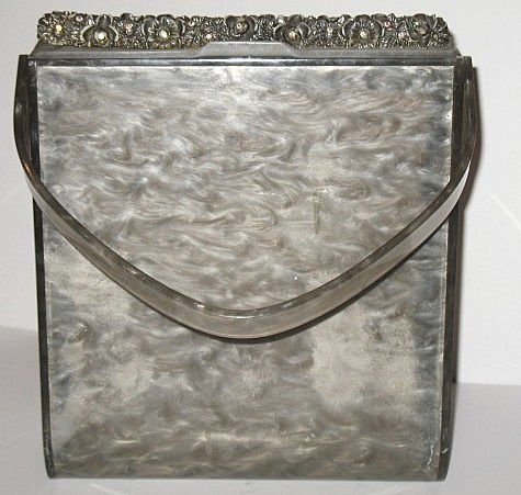Vintage Lucite Purse Tall Marbled Grey with Carved Rim Vintage Lucite Purse Tall Marbled Grey with Carved Rim