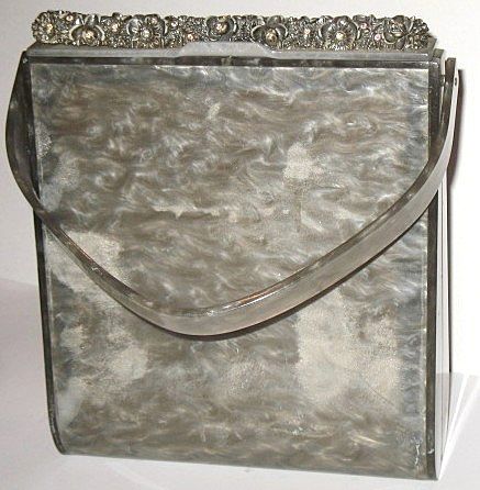 Vintage Lucite Purse Tall Marbled Grey with Carved Rim Vintage Lucite Purse Tall Marbled Grey with Carved Rim