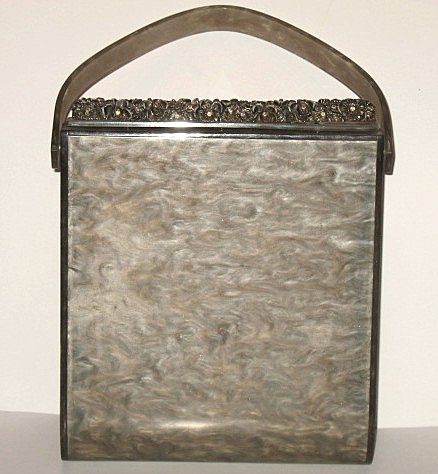 Vintage Lucite Purse Tall Marbled Grey with Carved Rim Vintage Lucite Purse Tall Marbled Grey with Carved Rim