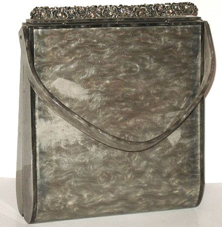 Vintage Lucite Purse Tall Marbled Grey with Carved Rim Vintage Lucite Purse Tall Marbled Grey with Carved Rim