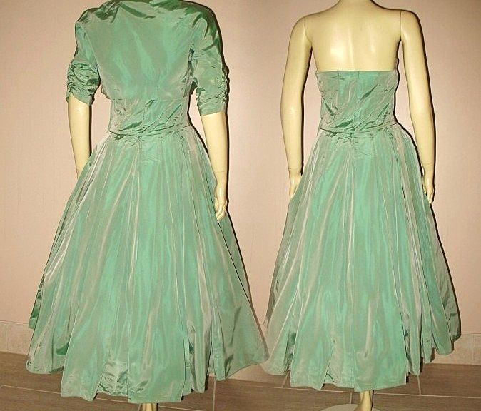 1950s Elegant Vintage Dress Jade Green Taffeta with Matching Bolero Jacket Size Small 1950s Elegant Vintage Dress Jade Green Taffeta with Matching Bolero Jacket Size Small