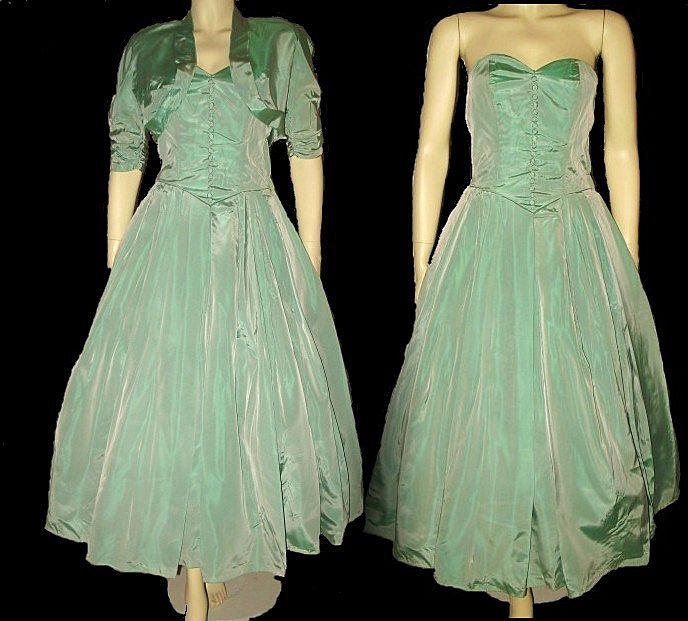 1950s Elegant Vintage Dress Jade Green Taffeta with Matching Bolero Jacket Size Small 1950s Elegant Vintage Dress Jade Green Taffeta with Matching Bolero Jacket Size Small