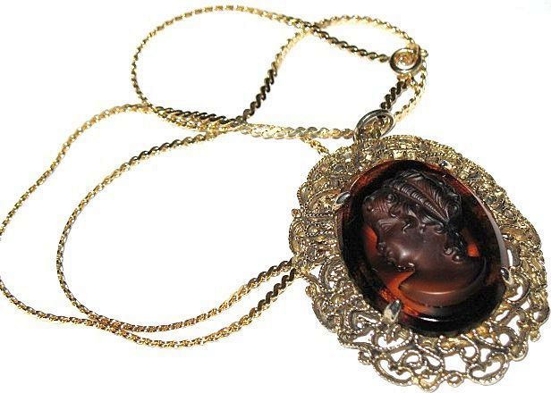 1960s Vintage Jewelry Glass Cameo Hinged Cuff Bracelet & Pendant Necklace 1960s Vintage Jewelry Glass Cameo Hinged Cuff Bracelet & Pendant Necklace