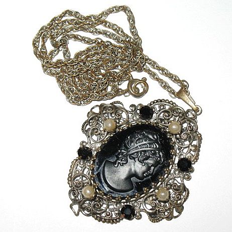 Victorian Jet & Black Glass Cameo & Simulated Pearls Pendant Necklace Victorian Jet & Black Glass Cameo & Simulated Pearls Pendant Necklace