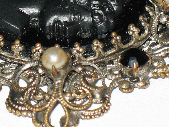 Victorian Jet & Black Glass Cameo & Simulated Pearls Pendant Necklace Victorian Jet & Black Glass Cameo & Simulated Pearls Pendant Necklace