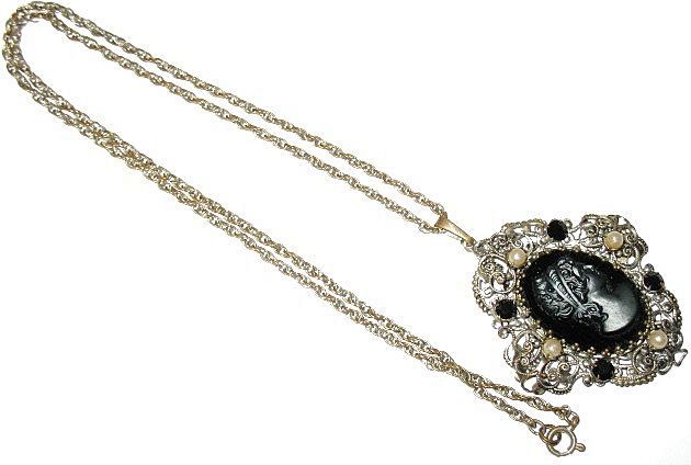 Victorian Jet & Black Glass Cameo & Simulated Pearls Pendant Necklace Victorian Jet & Black Glass Cameo & Simulated Pearls Pendant Necklace