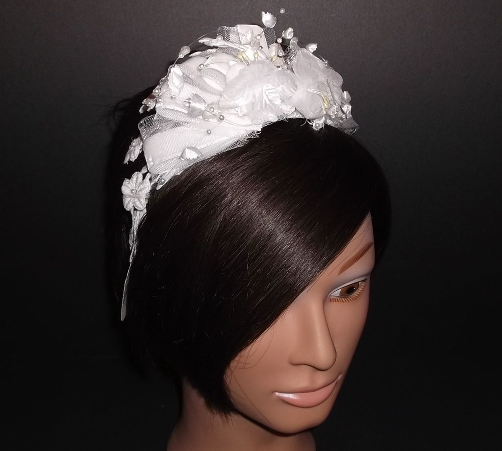 1960s Vintage Bridal Headpiece White Crochet Lace & Silk Floral Cap with Pearls New Old Stock 1960s Vintage Bridal Headpiece White Crochet Lace & Silk Floral Cap with Pearls New Old Stock