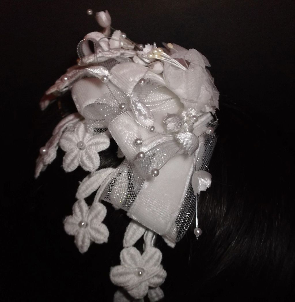1960s Vintage Bridal Headpiece White Crochet Lace & Silk Floral Cap with Pearls New Old Stock 1960s Vintage Bridal Headpiece White Crochet Lace & Silk Floral Cap with Pearls New Old Stock