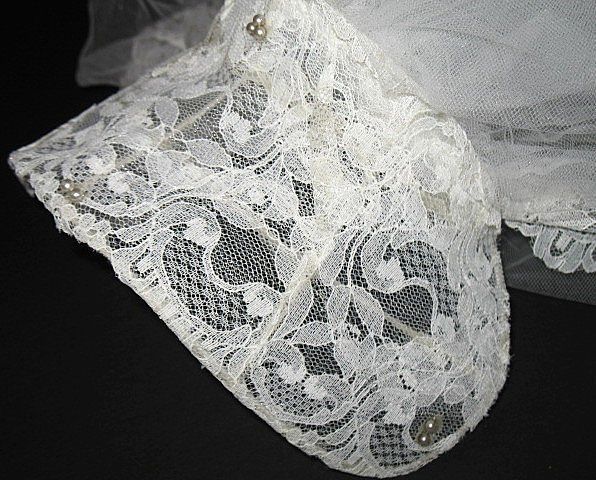 1950s Vintage Bridal Veil & Headpiece White Lace & Pearls New Old Stock 1950s Vintage Bridal Veil & Headpiece White Lace & Pearls New Old Stock
