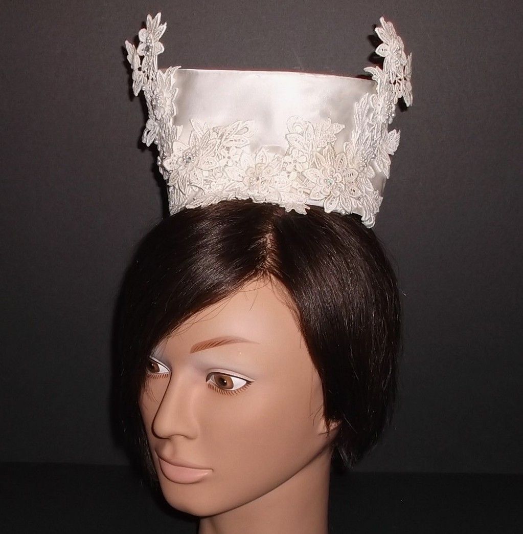 1960s Vintage Bridal Headpiece Ivory Satin & Crochet Lace Tiara with Pearls New Old Stock 1960s Vintage Bridal Headpiece Ivory Satin & Crochet Lace Tiara with Pearls New Old Stock