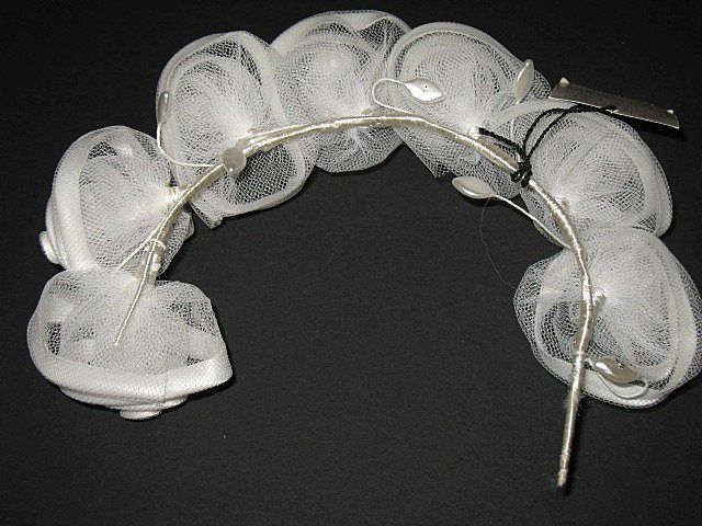 1960s Vintage Bridal Headpiece White Satin Tulle Floral Hair Accessory 