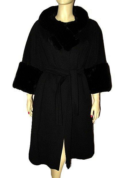 1960s Fabulous Saks Fifth Avenue Black Wool Coat with Sheared Fur Collar & Cuffs Size M 1960s Fabulous Saks Fifth Avenue Black Wool Coat with Sheared Fur Collar & Cuffs Size M