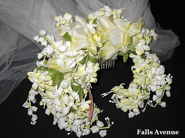 1960s Vintage Bridal Veil & Headpiece Silk Floral Wreath New Old Stock 1960s Vintage Bridal Veil & Headpiece Silk Floral Wreath New Old Stock