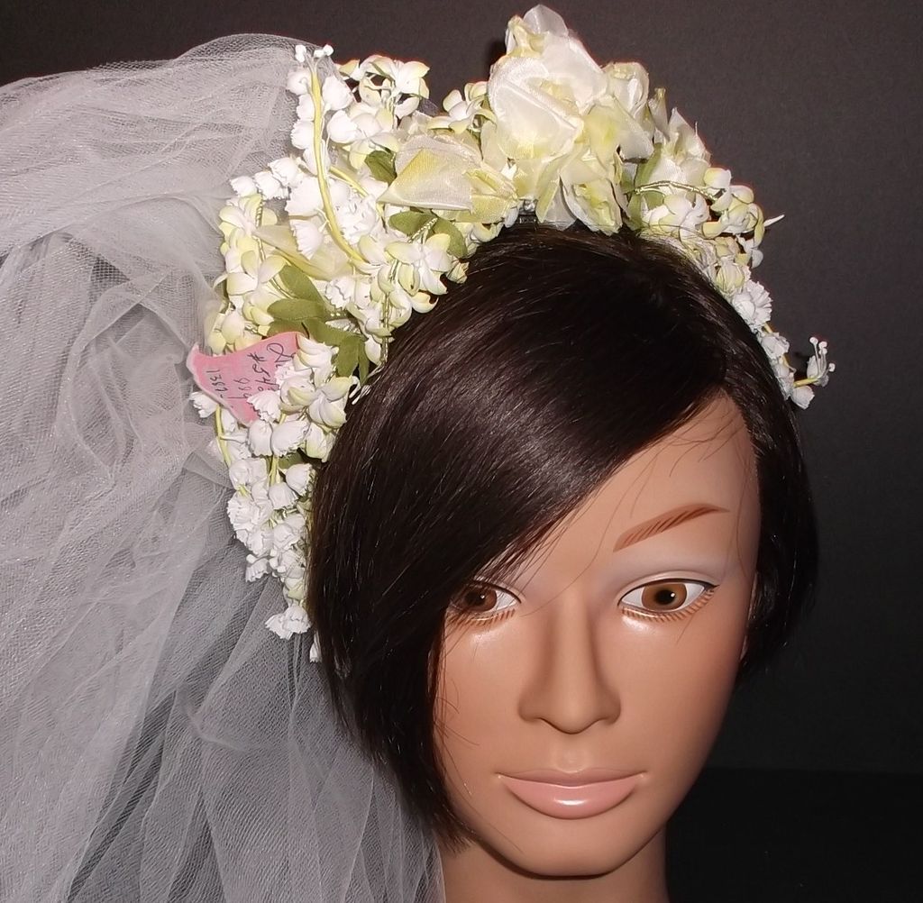 1960s Vintage Bridal Veil & Headpiece Silk Floral Wreath New Old Stock 1960s Vintage Bridal Veil & Headpiece Silk Floral Wreath New Old Stock