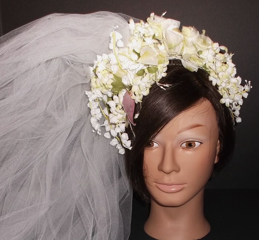 1960s Vintage Bridal Veil & Headpiece Silk Floral Wreath New Old Stock 1960s Vintage Bridal Veil & Headpiece Silk Floral Wreath New Old Stock