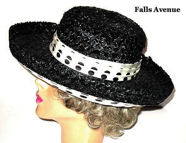 Vintage 1960s Black Cello Hat with Polka Dots Wide Brimmed Vintage 1960s Black Cello Hat with Polka Dots Wide Brimmed