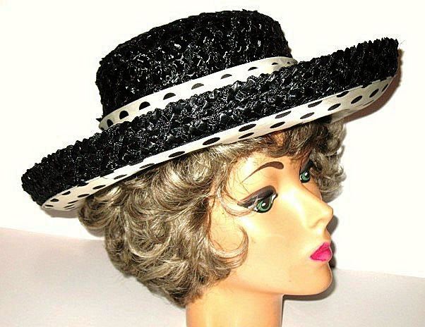 Vintage 1960s Black Cello Hat with Polka Dots Wide Brimmed Vintage 1960s Black Cello Hat with Polka Dots Wide Brimmed