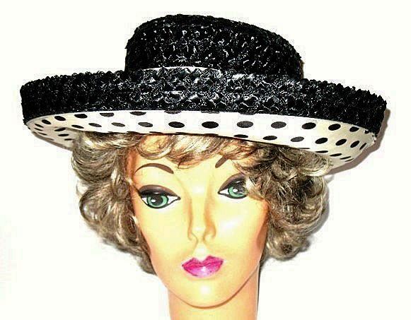 Vintage 1960s Black Cello Hat with Polka Dots Wide Brimmed Vintage 1960s Black Cello Hat with Polka Dots Wide Brimmed