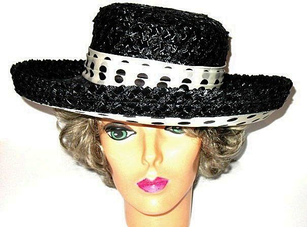 Vintage 1960s Black Cello Hat with Polka Dots Wide Brimmed Vintage 1960s Black Cello Hat with Polka Dots Wide Brimmed