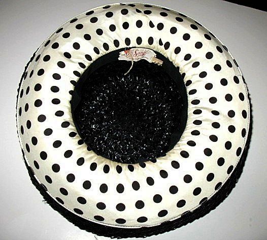 Vintage 1960s Black Cello Hat with Polka Dots Wide Brimmed Vintage 1960s Black Cello Hat with Polka Dots Wide Brimmed