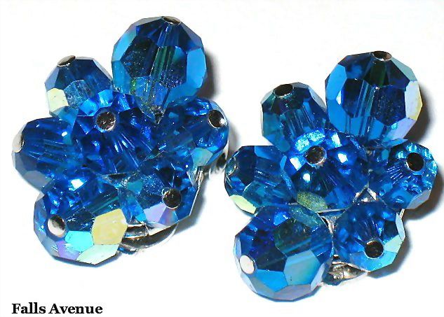Vintage Signed Sherman Royal Blue AB Crystal Bead Earrings Vintage Signed Sherman Royal Blue AB Crystal Bead Earrings