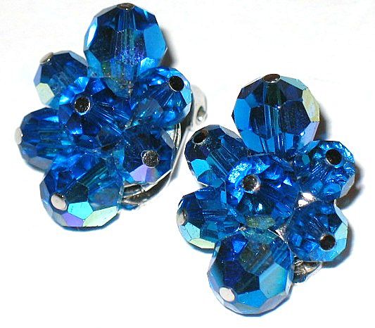 Vintage Signed Sherman Royal Blue AB Crystal Bead Earrings Vintage Signed Sherman Royal Blue AB Crystal Bead Earrings