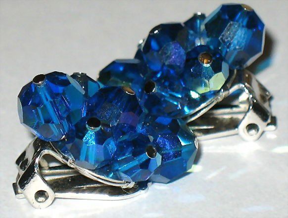 Vintage Signed Sherman Royal Blue AB Crystal Bead Earrings Vintage Signed Sherman Royal Blue AB Crystal Bead Earrings
