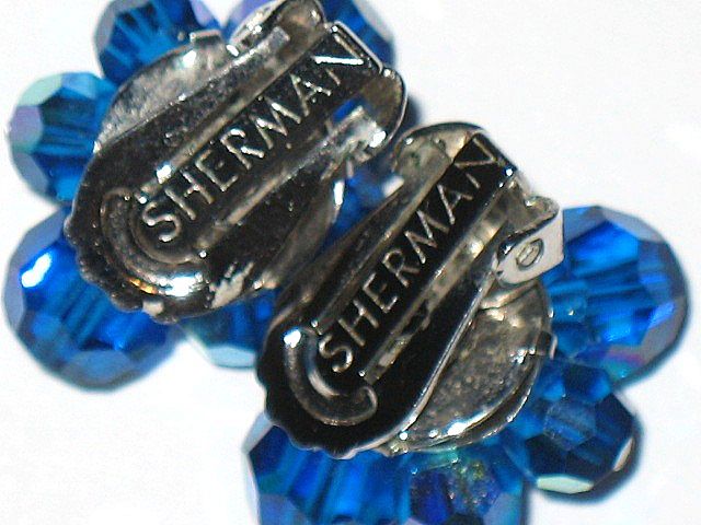 Vintage Signed Sherman Royal Blue AB Crystal Bead Earrings Vintage Signed Sherman Royal Blue AB Crystal Bead Earrings
