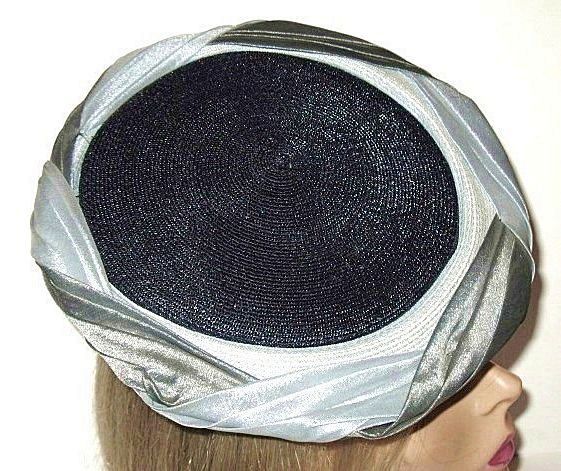 1950s Vintage Platter Hat Silver & Blue Organza Trim 1950s Vintage Platter Hat Silver & Blue Organza Trim