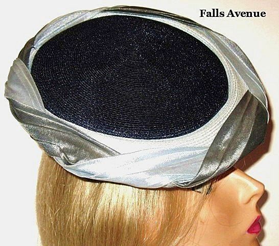 1950s Vintage Platter Hat Silver & Blue Organza Trim 1950s Vintage Platter Hat Silver & Blue Organza Trim