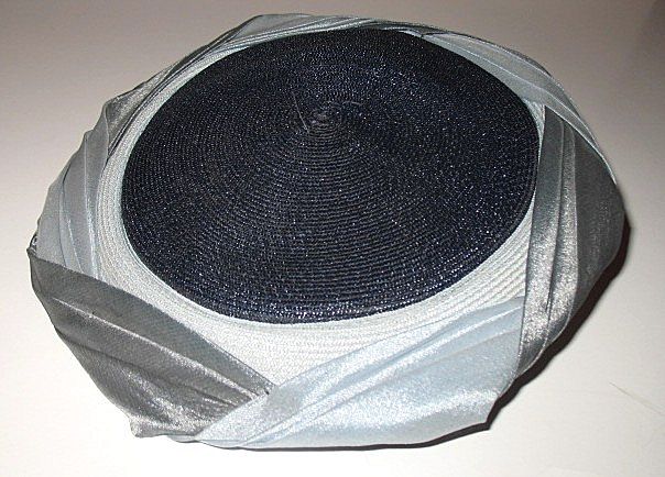 1950s Vintage Platter Hat Silver & Blue Organza Trim 1950s Vintage Platter Hat Silver & Blue Organza Trim