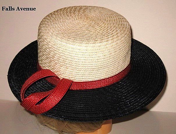 1960s Vintage Straw Hat Jacqueline Original Cream Red & Blue 1960s Vintage Straw Hat Jacqueline Original Cream Red & Blue