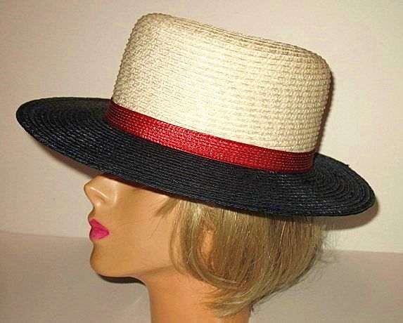 1960s Vintage Straw Hat Jacqueline Original Cream Red & Blue 1960s Vintage Straw Hat Jacqueline Original Cream Red & Blue