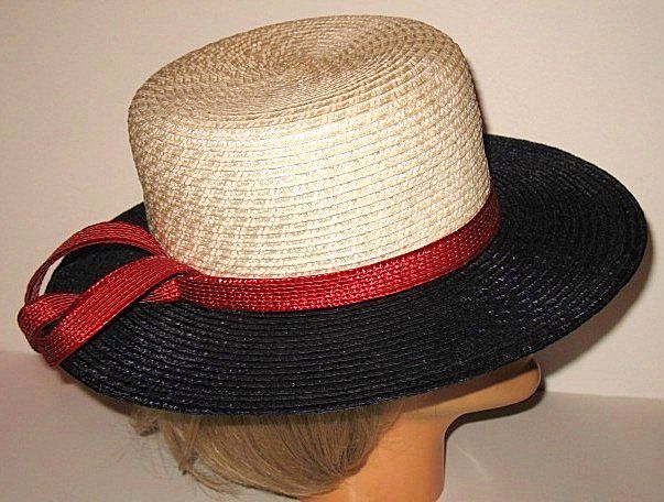 1960s Vintage Straw Hat Jacqueline Original Cream Red & Blue 1960s Vintage Straw Hat Jacqueline Original Cream Red & Blue