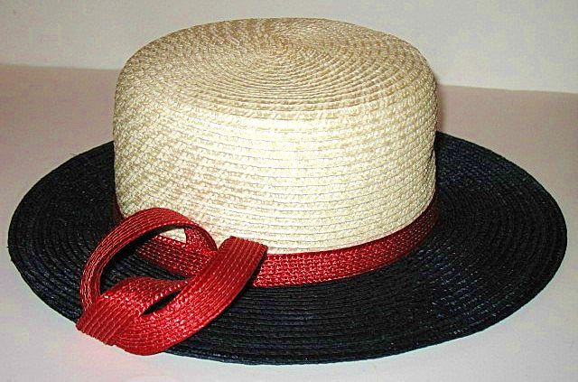 1960s Vintage Straw Hat Jacqueline Original Cream Red & Blue 1960s Vintage Straw Hat Jacqueline Original Cream Red & Blue