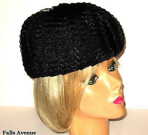 1960s Vintage Black Tulle Hat Pill Box Style with Velvet Button 1960s Vintage Black Tulle Hat Pill Box Style with Velvet Button