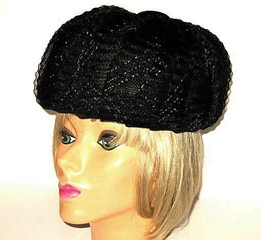 1960s Vintage Black Tulle Hat Pill Box Style with Velvet Button 1960s Vintage Black Tulle Hat Pill Box Style with Velvet Button