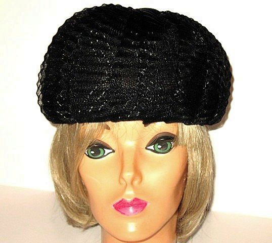 1960s Vintage Black Tulle Hat Pill Box Style with Velvet Button 1960s Vintage Black Tulle Hat Pill Box Style with Velvet Button
