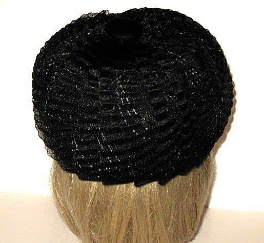 1960s Vintage Black Tulle Hat Pill Box Style with Velvet Button 1960s Vintage Black Tulle Hat Pill Box Style with Velvet Button