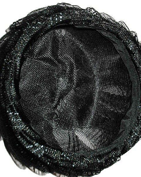 1960s Vintage Black Tulle Hat Pill Box Style with Velvet Button 1960s Vintage Black Tulle Hat Pill Box Style with Velvet Button