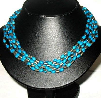 Vintage Native American Style Faux Turquoise & Pewter Multi Strand Beaded Necklace Vintage Native American Style Faux Turquoise & Pewter Multi Strand Beaded Necklace