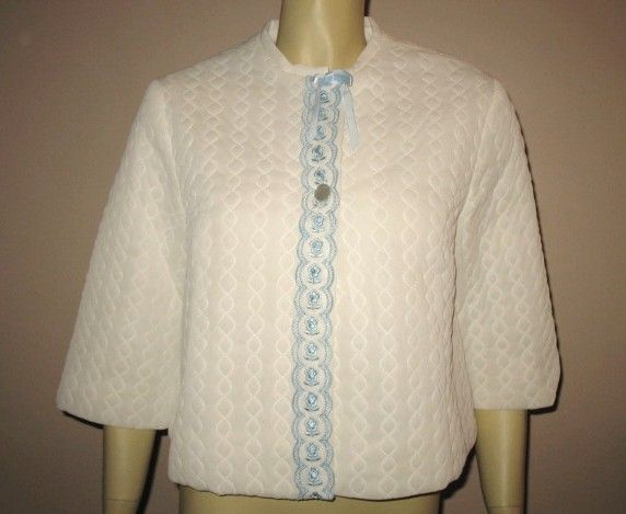 Early 1960s Vintage White Quilted Bed Jacket with Embroidered Blue Trim Sears Label Size Small Early 1960s Vintage White Quilted Bed Jacket with Embroidered Blue Trim Sears Label Size Small