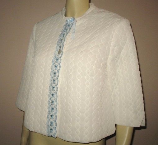 Early 1960s Vintage White Quilted Bed Jacket with Embroidered Blue Trim Sears Label Size Small Early 1960s Vintage White Quilted Bed Jacket with Embroidered Blue Trim Sears Label Size Small