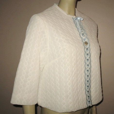 Early 1960s Vintage White Quilted Bed Jacket with Embroidered Blue Trim Sears Label Size Small Early 1960s Vintage White Quilted Bed Jacket with Embroidered Blue Trim Sears Label Size Small