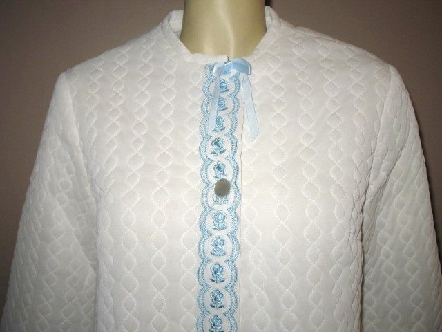 Early 1960s Vintage White Quilted Bed Jacket with Embroidered Blue Trim Sears Label Size Small Early 1960s Vintage White Quilted Bed Jacket with Embroidered Blue Trim Sears Label Size Small