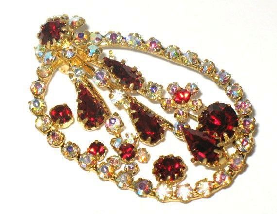 Vintage Costume Jewelry Pin Tiered Red & AB Glass Vintage Costume Jewelry Pin Tiered Red & AB Glass