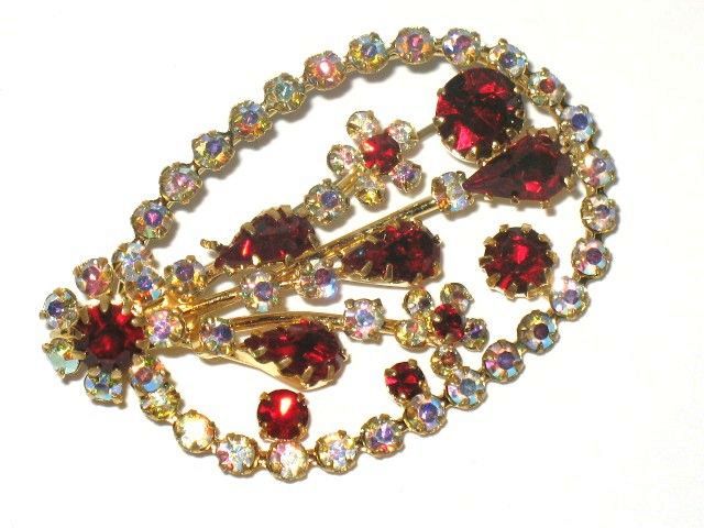 Vintage Costume Jewelry Pin Tiered Red & AB Glass Vintage Costume Jewelry Pin Tiered Red & AB Glass
