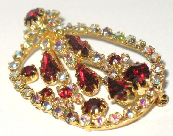 Vintage Costume Jewelry Pin Tiered Red & AB Glass Vintage Costume Jewelry Pin Tiered Red & AB Glass