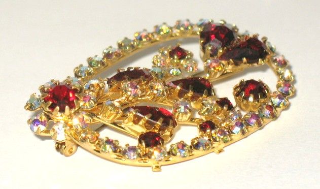 Vintage Costume Jewelry Pin Tiered Red & AB Glass Vintage Costume Jewelry Pin Tiered Red & AB Glass